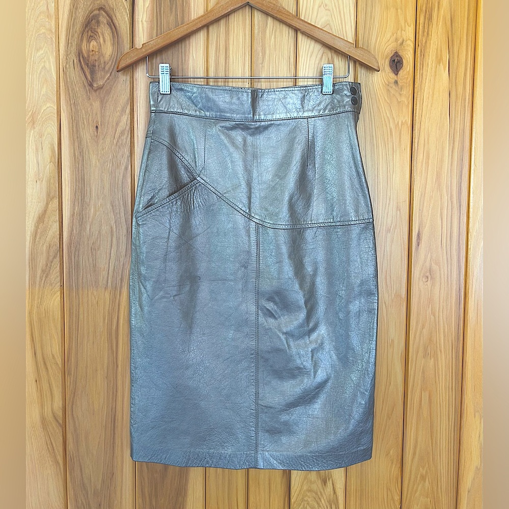 Vintage ‘80s Suzelle Metallic Leather Pencil Skirt, Size M